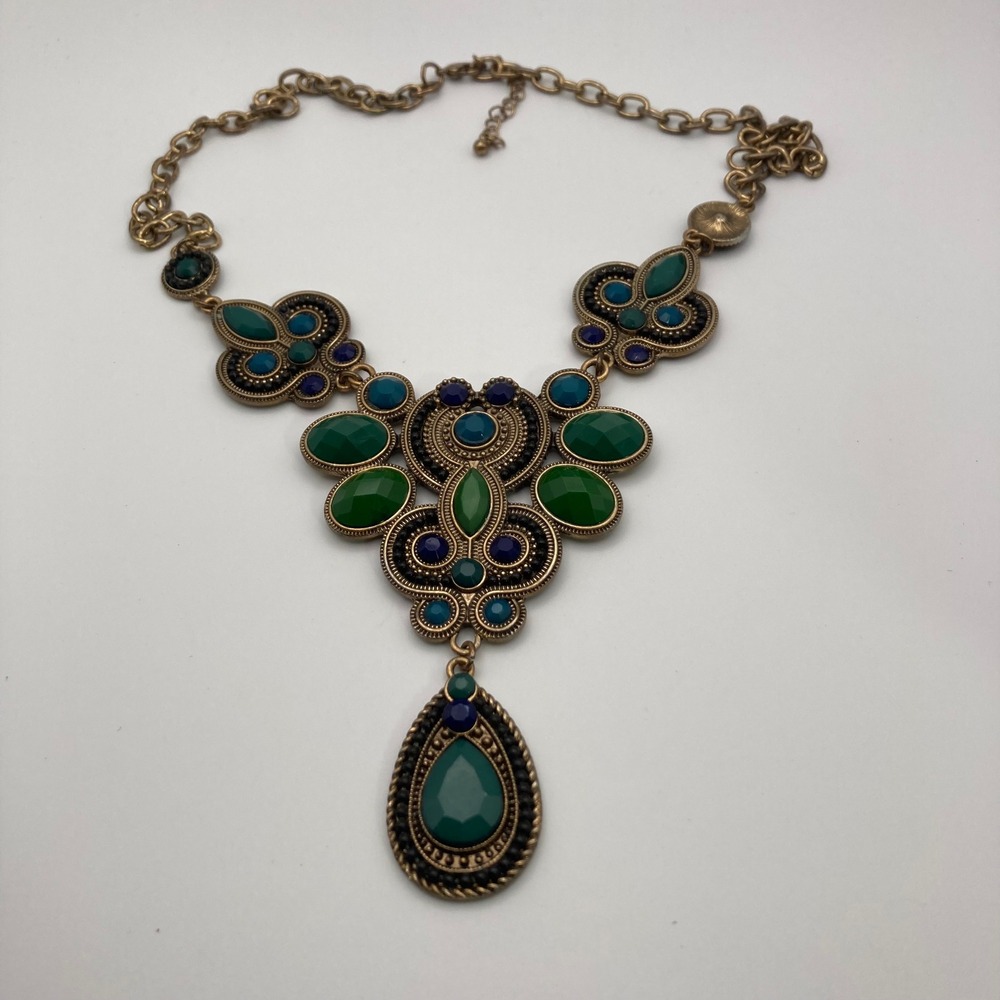 Bohemian Antique Gold Green Blue Resin Stone Statement Bib Necklace Teardrop